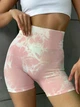 Женские спортивные шорты с высокой талией мраморные с Push-Up эффектом бесшовные велосипедки пуш ап тай дай S розовый (70168) - изображение 1