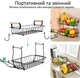 Дворівнева металева корзина для зберігання фруктів, овочів та спецій з боковими гачками для бананів, пікнік-корзина з ручками для переносу, чорна - зображення 3