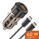 Зарядное устройство автомобильное в прикуриватель Toocki 60W (1 Type-C 30w + 1 USB 30w) USB Type-C to Type-C - изображение 1