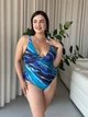 Женский раздельный купальник Plus Size. Купальник открытый, со съемной поролоновой чашкой и парео, цвет синий с принтом, размер XXXL - изображение 3