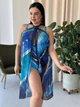 Женский раздельный купальник Plus Size. Купальник открытый, со съемной поролоновой чашкой и парео, цвет синий с принтом, размер XXXL - изображение 13