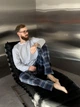 Піжама "Скандинавія NEW" тепла з начісом (штани+лонгслів), S клітина синьо-блакитна KMW06/3 - зображення 8