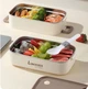 Ланч-бокс на два яруси з металевою вставкою, соусницею і приладом 2в1, Food Box 1350 мл, бежевий - зображення 4