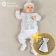Костюм для крещения мальчика Мамине Сонечко 62 размер Монохром цветы серебро (вышиванка, брюки, шапка и пинетки), велюр белый + мешочек для первых волос в подарок (арт.12219) - изображение 1