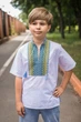 Вишиванка для хлопчика Козачок 7–13 років, біла, короткий рукав, поплін з домотканими вставками ,134, Білий з синім - зображення 1