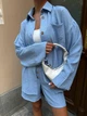Женский летний льняной костюм рубашка оверсайз и свободные шорты на резинке голубой 42/44 - изображение 7