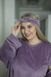Велюровый комплект домашней одежды с пижамой (футболка и брюки), халатом, повязкой 48-50 лавандовый (светло-фиолетовый) - изображение 6