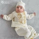 Вышитый костюм одежды для крещения мальчика Мамине Сонечко 80 размер Монохром цветы золотая вышивка (вышиванка, брюки, шапка и пинетки), лен айвори + мешочек для волос в подарок (арт.12109) - изображение 4