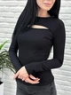Трикотажная женская кофта в рубчик с разрезом на груди нарядная кофточка 42, Черный - изображение 1