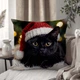 Мягкая подушка с чёрным котом Санта — рождественский декор 3D ПРИНТ 35 х 35 см 13331 - изображение 1