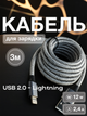 Кабель шнур USB Lightning Univerza для быстрой зарядки и передачи данных iPhone iOS устройств, планшета, наушников лайтнинг провод 2 м 2,4А 12W медный в нейлоновой оплетке Серый 10_5_3m_1B - изображение 1