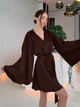 Женский шелковый короткий халат с поясом широкие рукава клеш Коричневый S - изображение 2