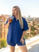 Летний женский костюм рубашка и шорты больших размеров легкий прогулочный из жатки 50-52, Джинс - изображение 4