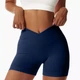 Спортивные женские короткие шорты Soft SQ с перекрестным поясом и эффектом push up для фитнеса, йоги, танцев Бесшовные с утяжкой Однотонные M Темно-синий (SQSH02M) - изображение 1