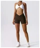 Спортивные женские короткие шорты Soft SQ с перекрестным поясом и эффектом push up для фитнеса, йоги, танцев Бесшовные с утяжкой Однотонные XS-S Темный шоколад (SQSH03S) - изображение 3