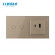 Розумний сенсорний подвійний прохідний вимикач LIVOLO з розеткою USB-A + USB-C 36Вт золотий скляна рамка - зображення 2