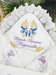Крыжма для девочки Family Tradition велюровая махра плюш с вышивкой и кружевом 100х100 см белая Ласточки и ангелочки - изображение 2