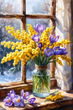 Алмазная мозаика на подрамнике Мимоза и крокусы на подоконнике, 40×60 см, полная выкладка, квадратные камни - изображение 1