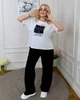 Костюм женский из льна и крепа с футболкой свободного кроя и широкими брюками летний G&M k-129325 50-52 Размер цвет черный - изображение 2