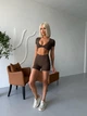 Спортивный женский костюм Soft (кроп-топ с открытой спиной + шорты с V-поясом) для фитнеса и йоги Elasoft Premium Комплект-двойка L Шоколад (TF_SH02L) - изображение 8