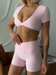 Спортивный женский костюм Soft (кроп-топ с открытой спиной + шорты с V-поясом) для фитнеса и йоги Elasoft Premium Комплект-двойка L Нежно-розовый (TF_SH03L) - изображение 5