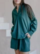 Летний женский костюм из натуральной ткани (рубашка + шорты) легкий oversize повседневный комплект для дома и прогулок Leglo - XS Smaragd - изображение 1