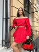 Женский легкий костюм на лето двойка топ и юбка короткая из муслина размер универсал 42-46 красный IB 8041 - изображение 5