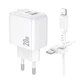 Мережевий Зарядний Пристрій Borofone BAS44A 1USB-C/1USB PD/QC 20W+Type-C to Lightning Бiлий - зображення 4