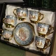 Подарочный кофейный сервиз из фарфора на 6 персон (12 предметов) RG-172 Голубой из золотистым и розами Набор чашек с блюдцами в коробке - изображение 1