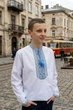 Вишиванка для хлопчика біла Козак, вишивка хрестиком, довгий рукав, повсякденна, 140, синьо-жовтий - зображення 5