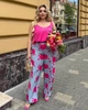 Костюм-двійка жіночий із софту з майкою на регульованих бретелях і широкими штанами з квітковим малюнком літній G&M k-130603 54-56 Розмір колір Малиновий/сірий - зображення 4