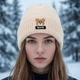 Шапка вязаная бине Bear демисезонная акриловая с принтом мишки светло-бежевая повседневная универсального размера унисекс - изображение 3