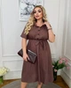 Платье женское льняное миди рубашечного фасона в вертикальную полоску с короткими рукавами отложным воротником пуговицами эластичной талией поясом и расклешенной юбкой больших размеров G&M k-130921 48-50 Размер цвет шоколад - изображение 2