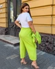 Костюм женский тройка из льна жатки и хлопкового кулира с футболкой графическим принтом жилетом на пуговицах с карманами и свободными укороченными брюками больших размеров G&M k-130971 58-60 Размер цвет салатовый - изображение 2