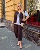 Костюм женский тройка из льна жатки и хлопкового кулира с футболкой принтом жилетом на пуговицах и свободными укороченными брюками высокой посадки больших размеров G&M k-130970 50-52 Размер цвет шоколад - изображение 1
