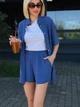 Женский летний костюм из жатки шорты и рубашка синий 54-56 - изображение 5