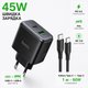 Мережевий зарядний пристрій Hoco C158A 45W PD 3.0 PPS QC3.0 USB-C + USB-A з кабелем Type-C to Type-C 1 м, чорний - зображення 1