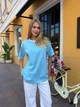 Жіноча бавовняна футболка оверсайз із контрастною горловиною Flawless Femme, Блакитний One Size Oversize - зображення 6