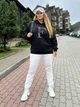 Худи женское без утепления свободного кроя с двойным капюшоном и с аппликацией из стразов двунитка 48-50 черный - изображение 4