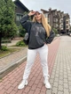 Худи женское без утепления свободного кроя с двойным капюшоном и с аппликацией из стразов двунитка 48-50 графит (темно-серый) - изображение 5