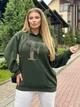 Худи женское без утепления свободного кроя с двойным капюшоном и с аппликацией из стразов двунитка 48-50 хаки (темно-зеленый) - изображение 4