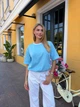 Жіноча бавовняна футболка оверсайз із контрастною горловиною, Блакитний One Size Oversize - изображение 3