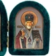 Ікона-складень "Богородиця Семистрільна та Святий Миколай" в оксамиті арочна зелена 6х8 см - зображення 3