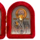 Ікона-складень "Богородиця Семистрільна та Микола Чудотворець" в оксамиті арочна червона 6х8 см - зображення 3