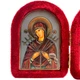 Ікона-складень "Богородиця Семистрільна та Святий Миколай" в оксамиті арочна червона 6х8 см - зображення 2