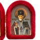 Ікона-складень "Богородиця Семистрільна та Святий Миколай" в оксамиті арочна червона 6х8 см - зображення 3