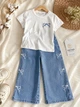 Комплект двойка с джинсами палаццо Denim Bows Kiddo молочный 116 см - изображение 3