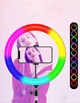 Лампа кільцева RGB LED для фото відео макіяжу та стримів діаметром 26 см із регулюванням яскравості теплим холодним і природним світлом кріпленням для телефона USB-живленням кольоровими режимами MJ26 чорна для селфі блогінгу та створення контенту - зображення 4