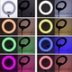Лампа кільцева RGB LED для фото відеозйомки макіяжу та стримів діаметром 36 см із трьома тримачами для телефона регулюванням яскравості поворотом на 360° USB-живленням кольоровими режимами MJ36 чорна для селфі блогінгу та створення контенту - зображення 4