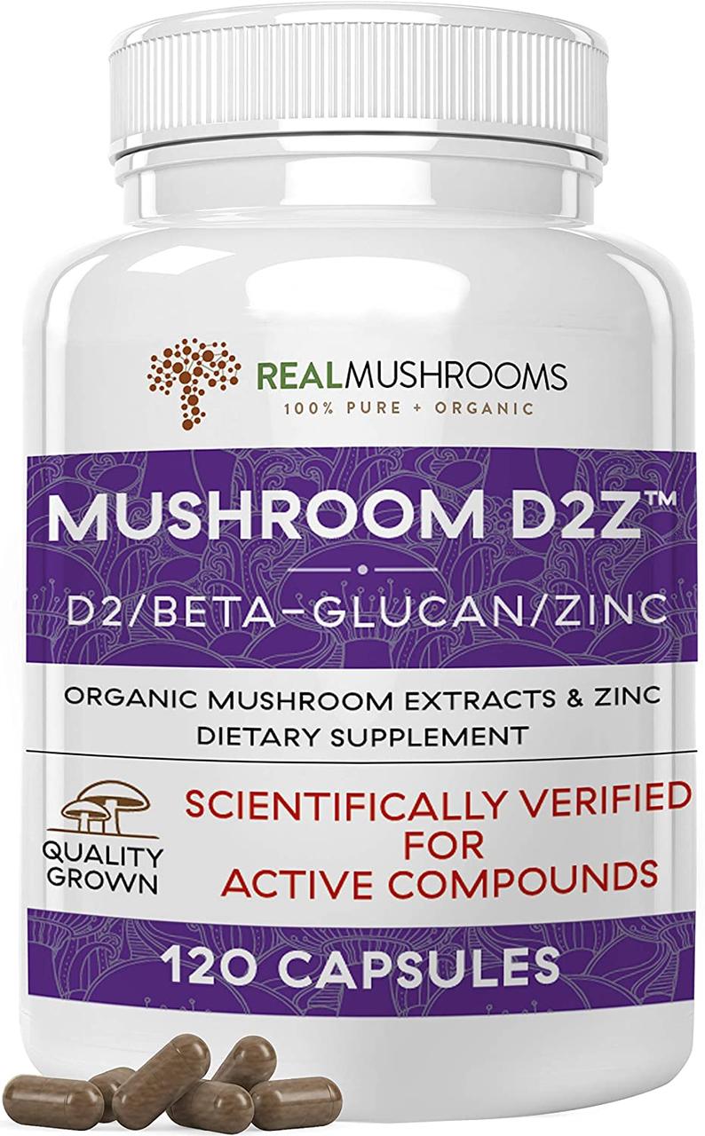 

БАД Поддержка иммунной системы с витамином D, цинком и грибами Real Mushrooms Mushroom D2Z 120 капсул